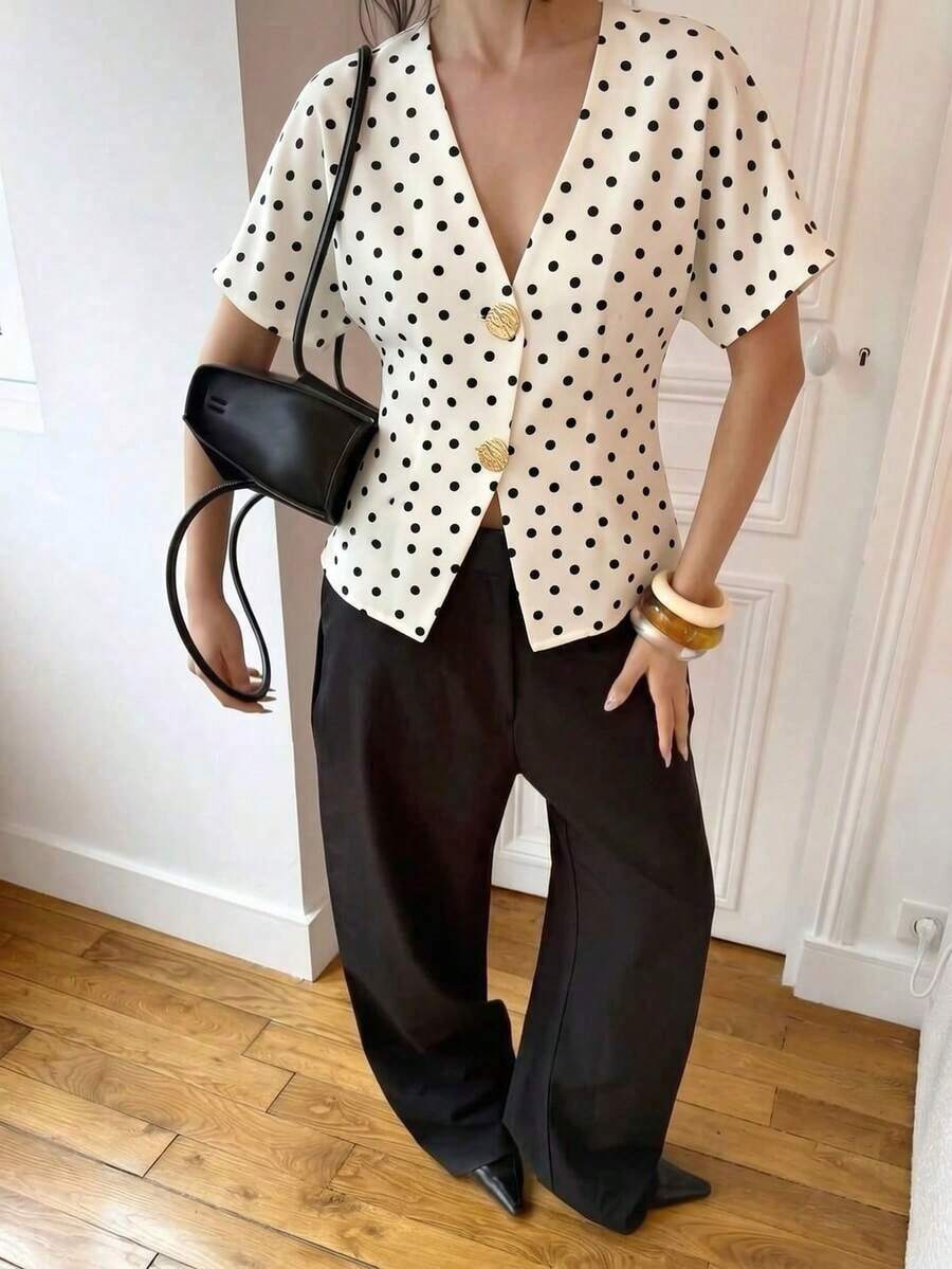 Camisa blanca sólida con mangas de murciélago, doble botonadura y frente abierto elegante - Blanco 4 - Ver 1
