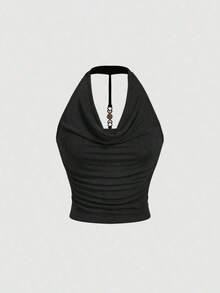 3 piezas Camiseta de mujer de unicolor con cuello drapeado de moda - Multicolor 5 - Ver 7