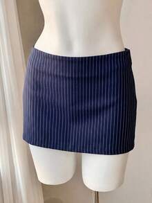 Falda corta de verano informal para mujer con cintura baja de unicolor - Azul - Ver 3
