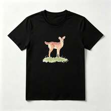Playera Minimalista con Estampado de Ciervo Acuarela de Algodón Negro Cómoda - Negro - Ver 1