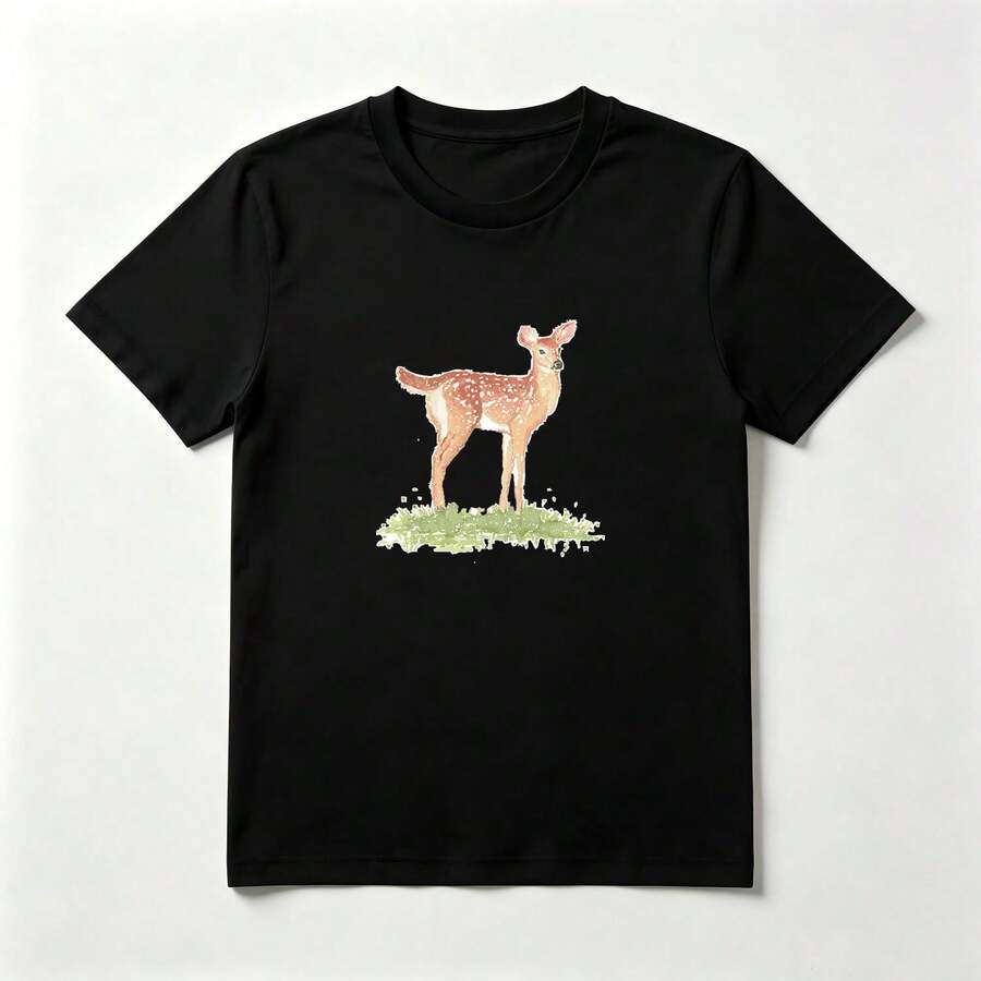 Playera Minimalista con Estampado de Ciervo Acuarela de Algodón Negro Cómoda - Negro - Ver 1