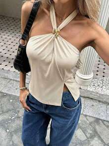 Top con cuello de halter, diseño de botón de metal verde, abertura lateral, elegante y chic para uso urbano y diario, estilo romántico retro de los 90.Adecuado para Navidad, Año Nuevo, San Valentín, fiestas, playa, graduación, moda, carnaval, bod - Albaricoque 2 - Ver 2