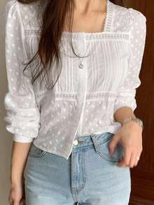 Camisa de manga larga con diseño minimalista elegante y casual, con estampado de copos de nieve en unicolor delicado - Blanco - Ver 10