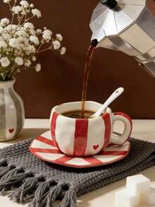 1 Set Taza de Café y Plato de Cerámica con Borde Ondulado y Rayas en Forma de Corazón de 300ml, Hecho de Cerámica de Alta Calidad sin Plomo, Taza con Asa Resistente al Calor, Apto para Lavavajillas. Perfecto para Disfrutar de Varias Bebidas, Se Puede Usar como Taza de Jugo, Taza de Avena, Taza de Café, Etc., También Adecuado como Set de Regalo o Útiles Escolares. También Se Puede Usar como Regalo de Inauguración de Casa, Regalo de Boda - Multicolor - Ver 14