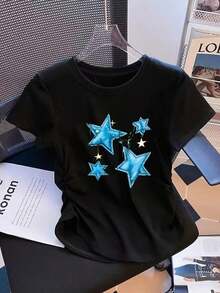 Women Casual Round Neck Short Sleeve Print Regular Length Top blusas para mujer playeras de mujer blusas casuales para dama - Negro - Ver 3