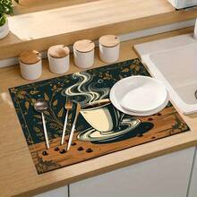 1pc Vintage Cartoon Hand-Painted Coffee Cup & Coffee Bean Pattern Dish Drying Mat, Dark Green Background With Golden Floral Texture, Suitable For Dining Table, Cafe, Multipurpose Drainage Mat, Home Gift, Desktop Decor - XYLSD-340 - View 9