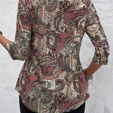 Women's Casual Elegant Paisley Print Round Neck 3/4 Sleeve T-Shirt, Autumn - Verde militar - Ver 3