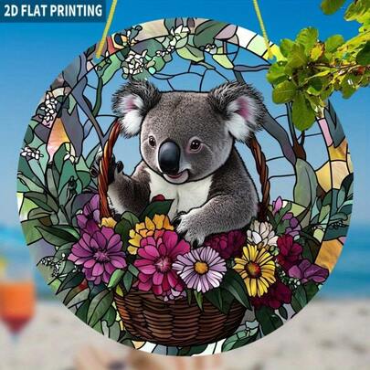 Đồ trang trí cửa sổ hình gấu Koala 2D phẳng, 1 chiếc, đặt trong giỏ hoa, làm bằng acrylic hình tròn với thiết kế hoa và cây xanh đầy màu sắc, trang trí cửa sổ sống động cho khu vườn, phòng khách mà không cần điện.