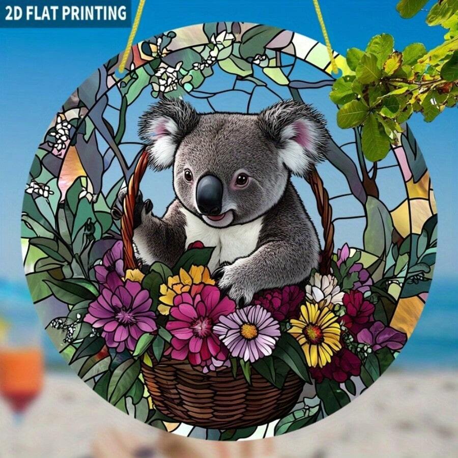 2D Flat, 1pc Koala Sun Catcher In Floral Basket, Round Acrylic Artwork With Colorful Floral & Greenery Design, Vibrant Hanging Window Decor For Garden, Living Room Without Electricity - A - View 1