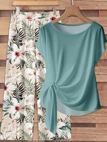 Set de 2 piezas: Blusa con nudo delantero y estampado de lunares, y pantalones rectos relajados, adecuado para vacaciones de primavera/verano - Multicolor 4 - Ver 6