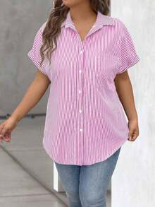 Vionelle Blusa casual de talla grande para mujer con estampado de rayas azul y blanco, de manga corta y abotonada, para el verano - Rosa - Ver 4