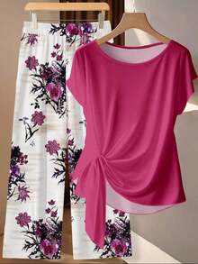Conjunto de 2 piezas de blusa con lazo y pantalones rectos para mujer, informal - Multicolor 12 - Ver 2