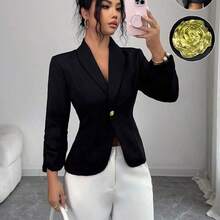 Elenzya Elegant Rose Gold Metal Button Waist Cinched Shawl Neck Black Long Sleeve Women Thin Blazer - Negro - Ver 2