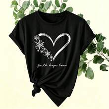 Single Garment Set, Not A 3-Piece Set, 1 Piece/Set Of Short-Sleeved T-Shirts Suitable For Streetwear, Oversized Round Neck Top For Daily Outings, Camping, Concerts, Hip-Hop, Rock, And Rap Events, Short-Sleeved Round Neck T-Shirts With English Letter And Heart Print, Casual Summer Graphic T-Shirts For Women - 黑色 - 查看 2