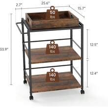 3 Tier Kitchen Cart, Rolling Bar Cart For Tea, Coffee, Liquor, And Drink Service With Removable Serving Detachable Server, Rustic Brown And Black - Rustic Brown and Black - View 2