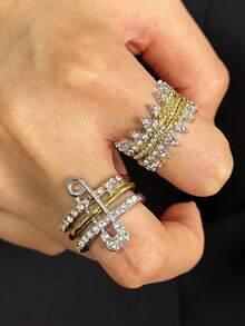 Broche vintage tricolor, anillo de de encaje con diamante de imitación, joyería brillante para mujeres, versátil para uso diario, vacaciones, fiestas, regalo - multicolor - Ver 2