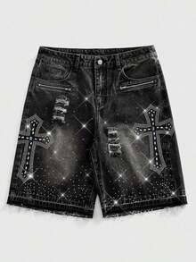 ROMWE MEN Street Life Pantalones cortos de mezclilla con doble cintura y bordado para hombres - Negro 4 - Ver 7
