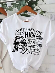 Camiseta de tela suave, una prenda de primavera/verano para mujer de talla grande, camiseta con estampado "Psycho Girl", cuello redondo, mangas cortas, top de moda casual, ropa elegante para fiestas, corte holgado, regalo para vacaciones, diseño divertido, uso diario, ropa para el hogar, camiseta de moda. - Blanco - Ver 8