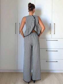 Conjunto informal de 2 piezas de mujer con camiseta de tirantes y pantalones con estampado de cuadros, para verano - Blanco y Negro - Ver 2