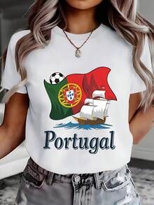 Women's Pure Cotton T-Shirt, Casual Loose Style, With Portuguese Football Theme Print Including Flag, Football And Boat, Black Background With Directional Print Of The Text "Portugal" In Blue, Casual Round Neck Sweatshirt For Spring/Summer, Short Sleeve T-Shirt, Comfortable Top For Women 11881. - 白色 - 查看 1