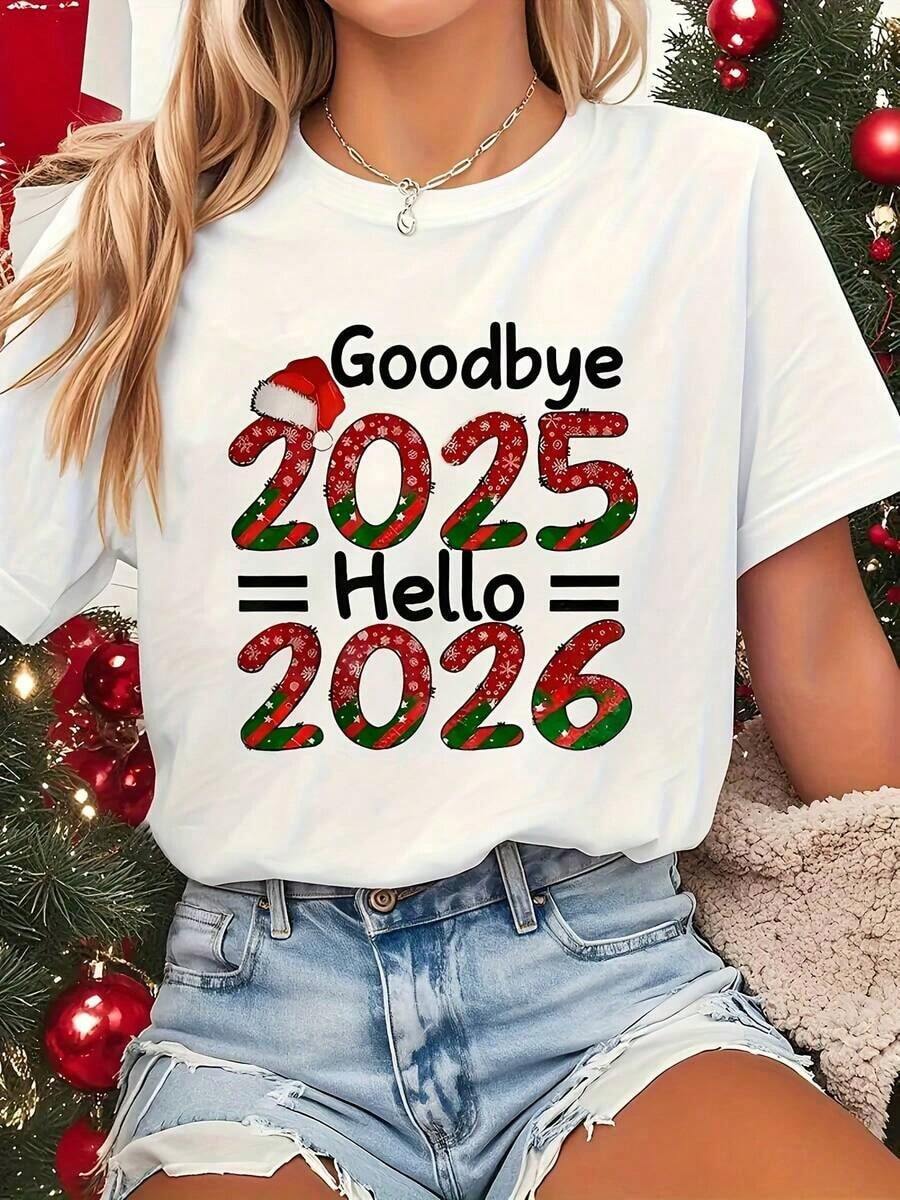 Camiseta de Moda para Mujer con Cuello Redondo, Estampado de Letras, Elemento Decorativo Navideño Vintage para Navidad y Nochevieja, Primavera Verano - Blanco - Ver 1