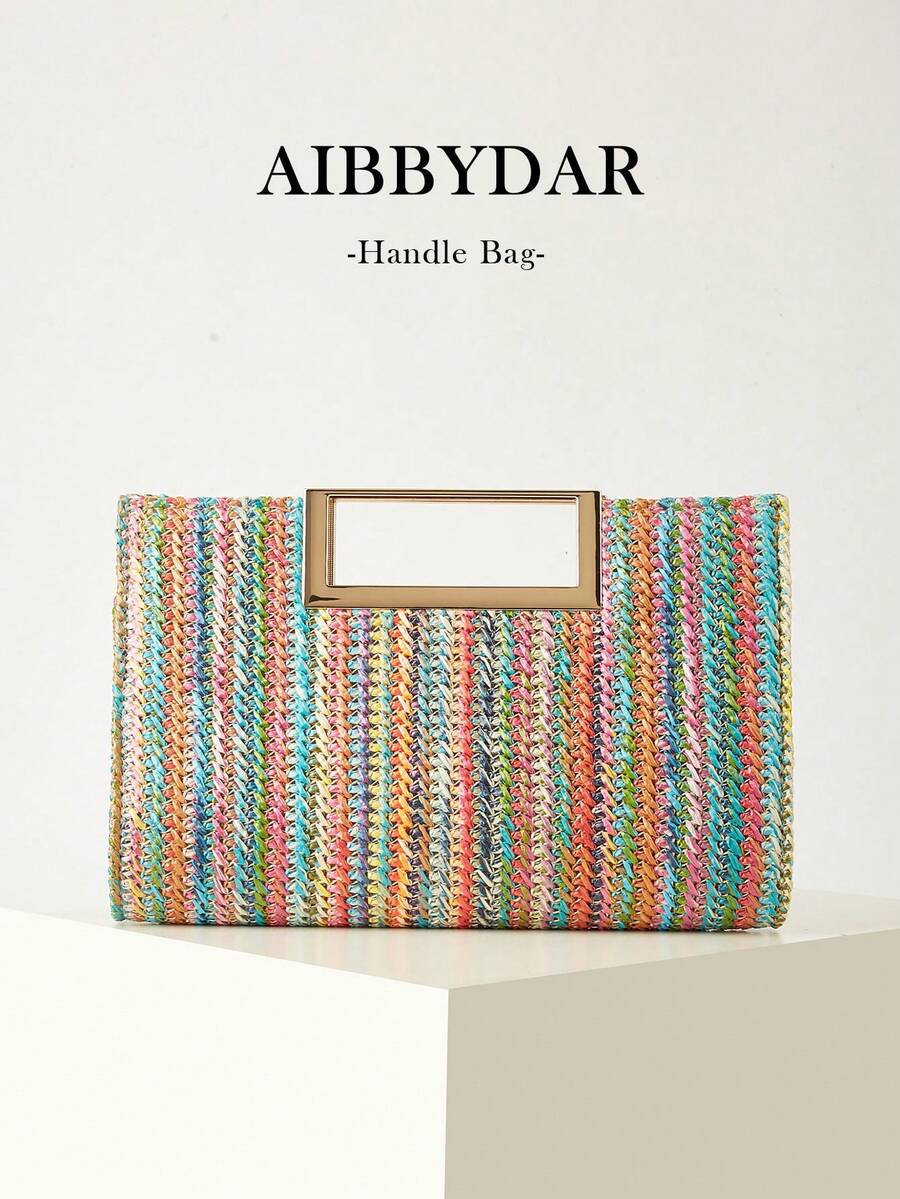 AIBBYDAR 女款彩色草編編織小方包 時尚編織手提包 斜挎包 休閒簡約 海灘度假必備 - 彩色 - 查看 1