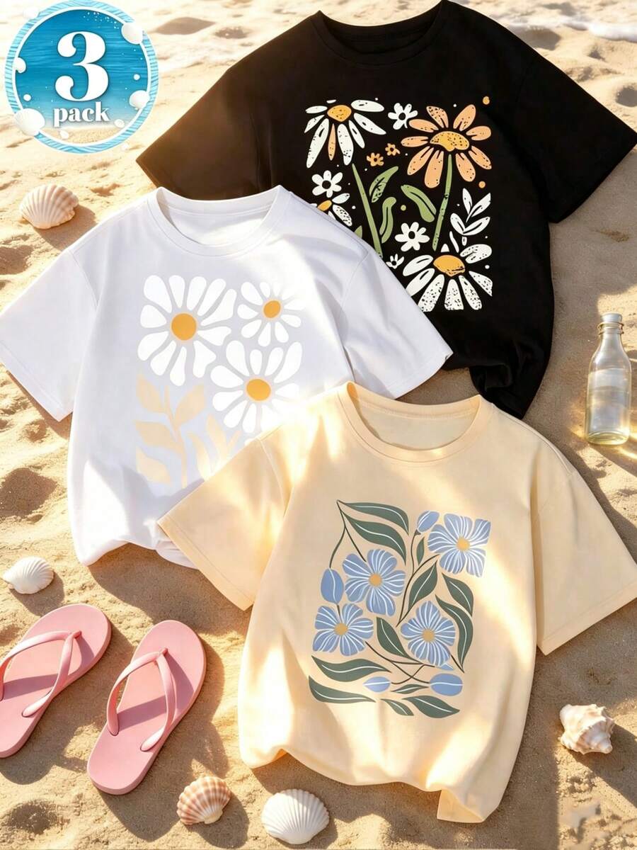 Prenda individual de manga corta y cuello redondo de color sólido para mujer, no es un conjunto de 3 piezas, 1 pieza/set de camisetas de manga corta adecuadas para ropa de calle, top de cuello redondo de gran tamaño para salidas diarias, camping, conciertos, eventos de hip-hop, rock y rap. Camiseta casual holgada estampada negra de verano. - Negro - Ver 1