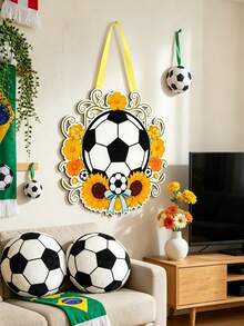 1pc/Football Wreath Color Printed Wooden Plaque, Soccer Logo Hanging Ornament, Fan Home Wall Decoration - Multicolor - View 5