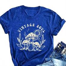 Women's Plus Size Vintage Cotton T-Shirt With 'Vintage Soul' Graphic Print, Oversized Short Sleeve Casual T-Shirt With Mushroom And Sun Print, Loose Fit Top For Everyday Wear, Soft And Comfortable Cotton Material, Retro Aesthetic T-Shirt. - 藍色 - 查看 7