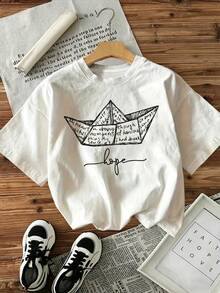 2026 New Plus Size Women Short Sleeve Top, Round Neck Design, 100% Printed "Paper Boat Of Hope" Pattern Casual White Summer - White - View 1