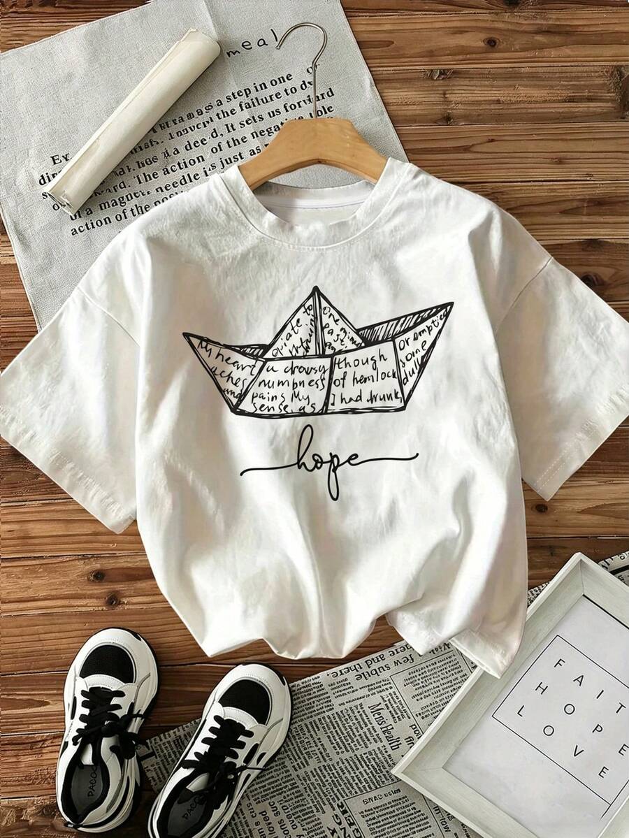 2026 New Plus Size Women Short Sleeve Top, Round Neck Design, 100% Printed "Paper Boat Of Hope" Pattern Casual White Summer - White - View 1