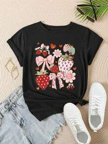 Women's Casual T-Shirt With Cute Vintage Strawberry Print, Bows, Hearts, And Flowers, Suitable For All Seasons

BlackFashion - 黑色 - 查看 2
