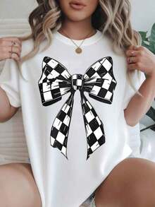 Women's Vintage Style Short Sleeve Casual T-Shirt - Summer Blouse With Round Neck And Black And White Check Pattern, Machine Washable, Ladies' T-Shirts, Casual Wear, Modern Style, Comfortable Fit

BlackFashion - 白色 - 查看 7