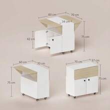Mesa/armario plegable con dos laterales plegables, compartimento de almacenamiento, 4 ruedas, blanco + madera natural, 70 x 83 x 75 cm - Blanco - Ver 2