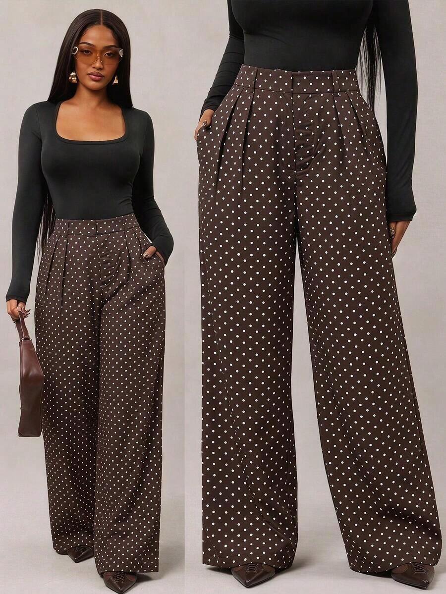 Pantalones anchos de pierna ancha de color café oscuro de moda minimalista para mujeres, pantalones de tela marrón de pierna ancha para el trabajo, pantalones de tiro alto de pierna ancha marrón para mujeres, pantalones de traje marrón para otoño/ - Café integral 3 - Ver 1