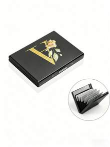1pc 6 Card Slots Slim Card Case, Gold Initial A-Z & Floral Print Wallet ID Bank Credit Card Holder Black Metal RFID Blocking Card Holder, Slim Anti-Scan Aluminum Credit Card Case, Portable Multi-Slot Hard Shell Organizer For Women Men - Multicolor - View 7