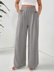 Pantalones holgados básicos casuales de cintura alta de unicolor, plisados y de pierna ancha para mujer - Gris - Ver 4