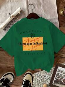Women's Vintage T-Shirt [Double-Sided Print], Short-Sleeved, Round Neck, Casual Style, With The Brand "Champagne" And The Phrase "Champagne For Breakfast" Printed In A Yellow Rectangle On The Back, Machine Washable, Suitable For Casual Wear, Multi-Purpose Clothing, Fashionable T-Shirt, Comfortable Material, For Fashion Enthusiasts. - 綠色 - 查看 2