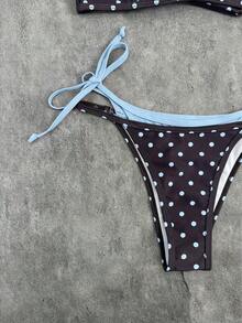 Conjunto de traje de baño para mujer 2026, parte superior de bikini con estampado de lunares y contraste de color tipo halter sexy con espalda descubierta, y Bottom tipo tanga, adecuado para el Día de San Valentín, la playa, resort, vacaciones al aire libre en verano - Caqui - Ver 10