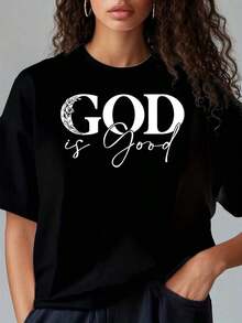 Playera de mujer 100% algodón manga corta estilo minimalista frase Dios verano - Negro - Ver 1