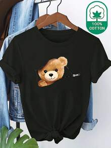 Camiseta de mujer 100% algodón puro, estampada con un diseño de oso de dibujos animados, camiseta de manga corta con cuello redondo, ropa de verano para comodidad y transpirabilidad diarias, ropa de verano para mujer. - Negro - Ver 1