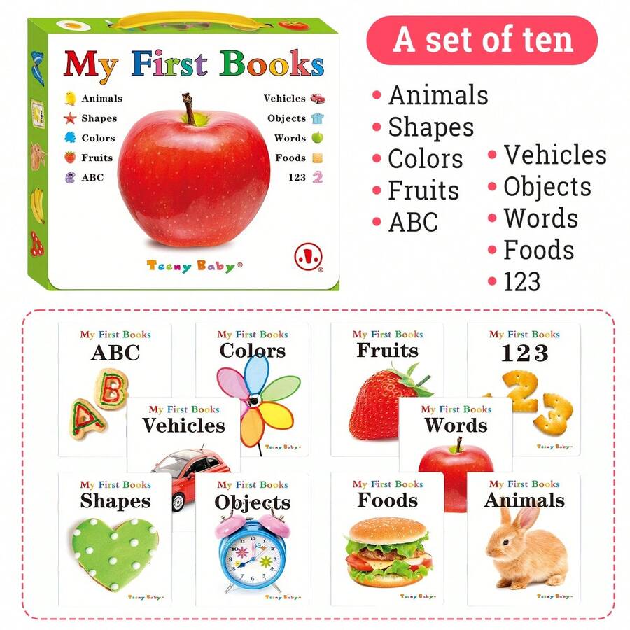 「My First Book」便攜式英文早教圖書套裝（10冊禮盒裝）－涵蓋水果、動物、食物、顏色、字母與數字等主題，幼兒必備，適合生日、開學或萬聖節送禮