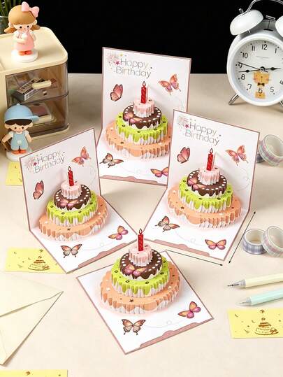 1张3D立体蛋糕生日贺卡，儿童派对礼物，3D生日字母，3D礼盒，3D蝴蝶，花卉贺卡带信封，适合作为生日礼物、母亲节礼物