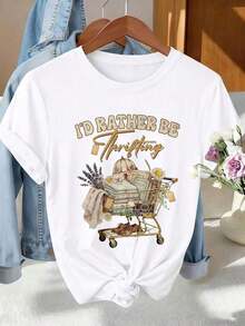 1 pieza para mujeres, prefiero el estilo vintage frugal para entusiastas de las compras. Camisetas estampadas, camisetas casuales de manga corta y cuello redondo, adecuadas tanto para primavera como para verano, un regalo ideal para cumpleaños o días festivos, camisetas casuales para ir al trabajo, camisetas minimalistas estampadas de manga corta para la oficina y el otoño, 180g Algodón 100%. - Blanco - Ver 8