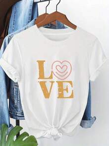 Camiseta de tirantes con estampado de doble corazón LOVE vintage para mujer - Manga corta, cuello redondo, adecu parrimavera y verano, ropa casual, prenda lavable a máquina que combina bien con atuendos, regalo para cumpleaños, vacaciones y capas Blusas Bonito 100% Cotton - Blanco - Ver 2