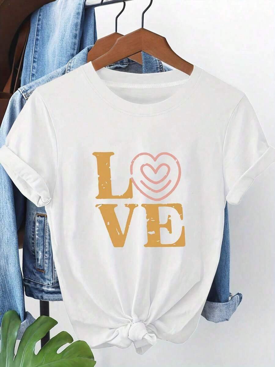 Camiseta de tirantes con estampado de doble corazón LOVE vintage para mujer - Manga corta, cuello redondo, adecu parrimavera y verano, ropa casual, prenda lavable a máquina que combina bien con atuendos, regalo para cumpleaños, vacaciones y capas Blusas Bonito 100% Cotton
