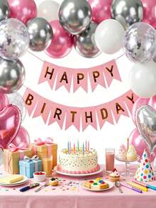 Pink And Silver Birthday Decorations, Pink White Silver Confetti Balloons Happy Birthday Balloon Banner Bobo Balloons Heart Foil Balloons For Birthday Party Decoration Room Decor Wedding Valentines - Trang trí sinh nhật - Xem 1