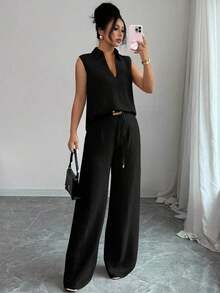 Set de 2 piezas de top sin mangas de cuello en V y pantalones rectos con decoración de cinturón holgado, de estilo casual y versátil para mujer, para primavera/verano - Negro - Ver 3