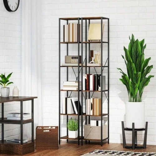 Set Of 2, 6-Tier Bookshelves, Steel Frame, For Living Room, Office, Bedroom, Rustic Brown - A - 查看 1