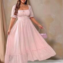 Vionelle Plus Size Sweet Romantic Pink Square Neck Bow Tie Ruffle Hem Long Dress Easter Wear - Multicolor - Ver 7